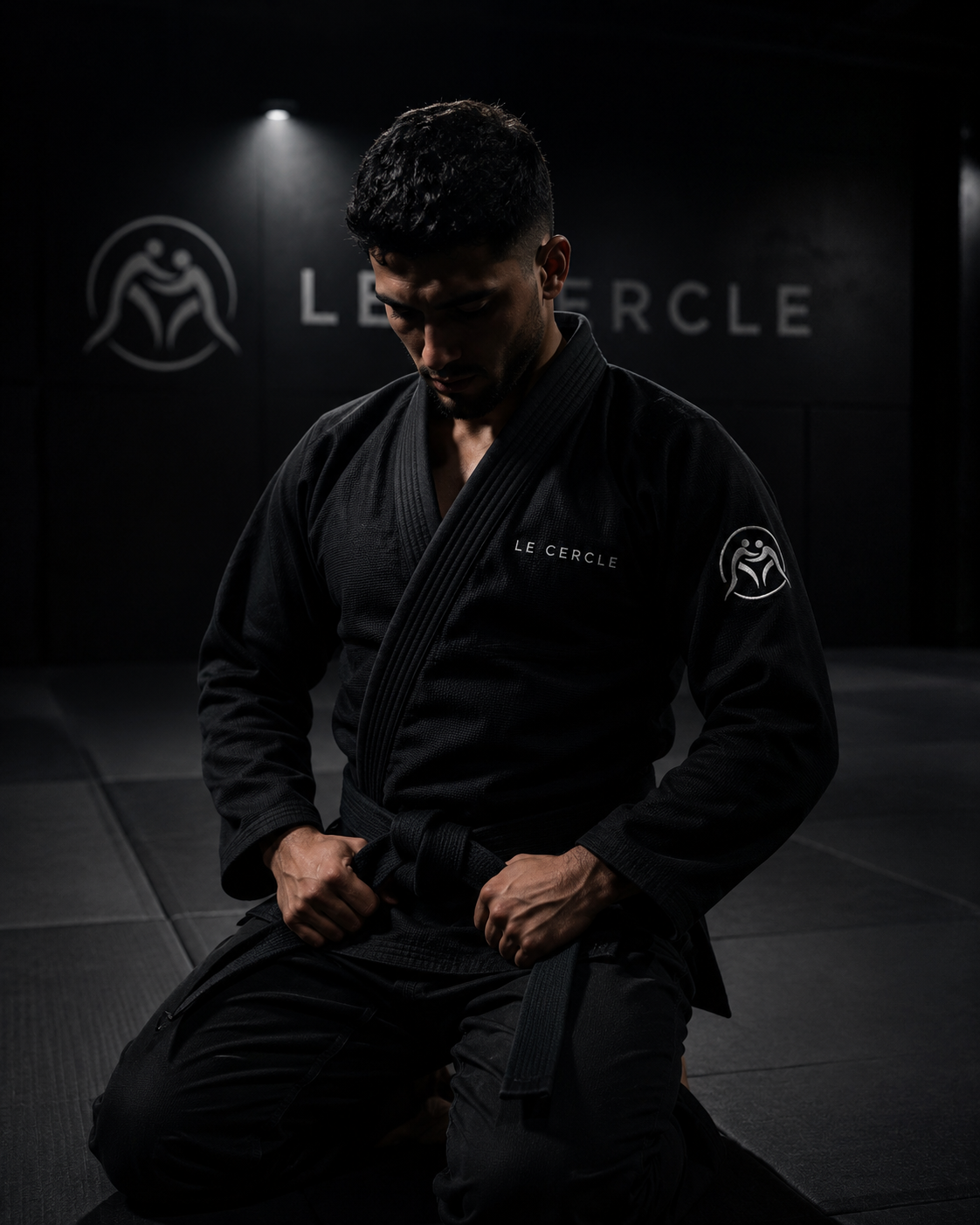Combattant en kimono noir du Cercle Jiu-Jitsu, concentration avant l'entraînement